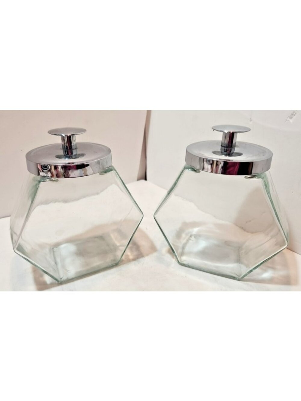 Set 2 Small Vintage General Store Tilted Jars Canisters Cookie Jars Plastic Lids